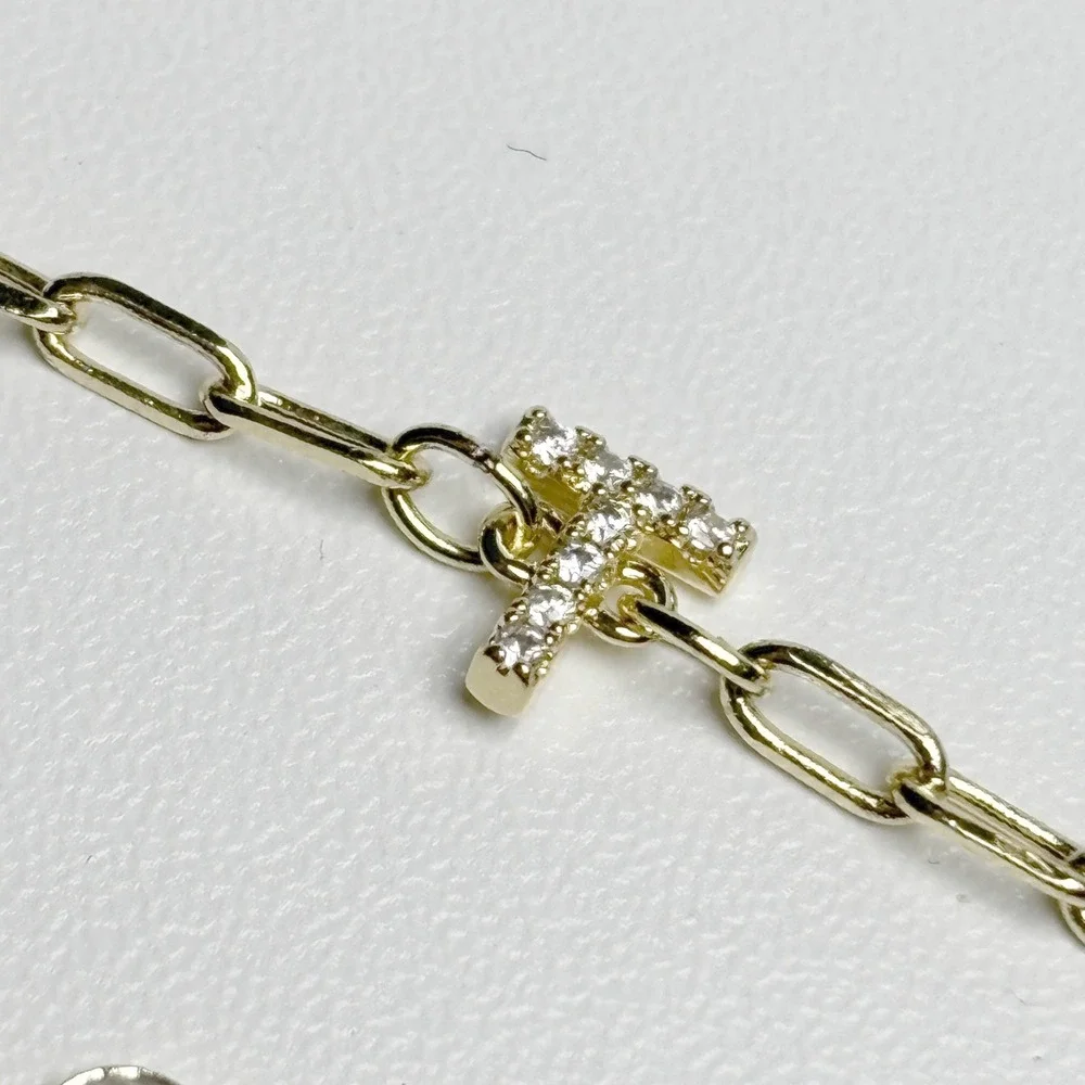 Gold Tone Initial T Paperclip Chain Bracelet Pave‎ Rhinestone Adjustable 8.25in